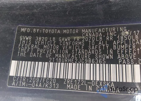 2018 Toyota Corolla Se из США, поврежденный, VIN 2T1BURHE2JC986365